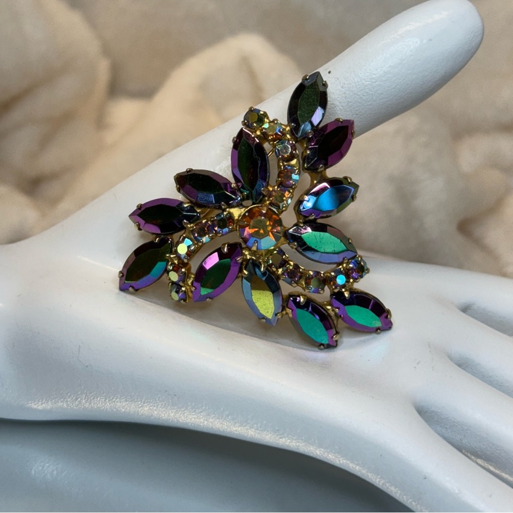 Vintage Aurora Borealis Watermelon Navette Marquis Rhinestone Brooch 2" EUC